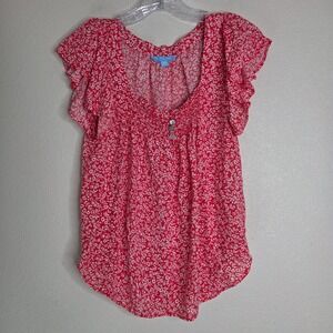 Draper‎ James RSVP Top XS Red Floral Ruffle Flutter Sleeve Blouse Lightweight